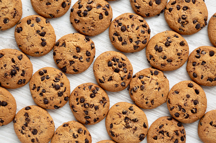 Homemade Chocolate Chip Cookies, top view.