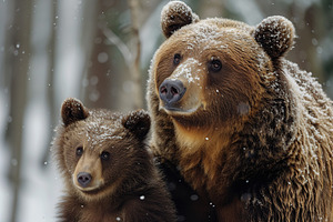 Big brown bear with her cub in winter forest, an Animal Photo by AlyaAnd