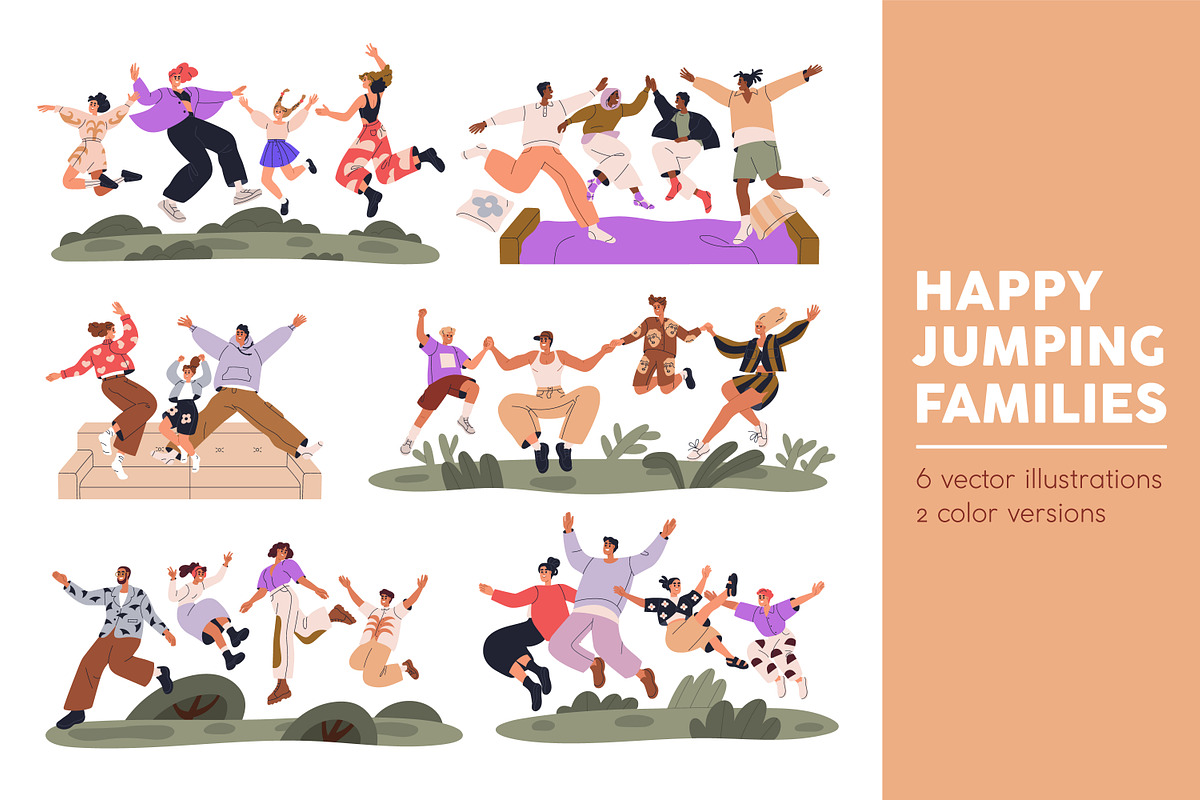 Happy families jumping with kids set, a Person Illustration by Good Studio (Photo 1 of 13)