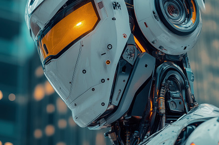 A futuristic robot with a sleek design, featuring a metallic body and glowing o, a Person Photo by Textures & Backgrounds