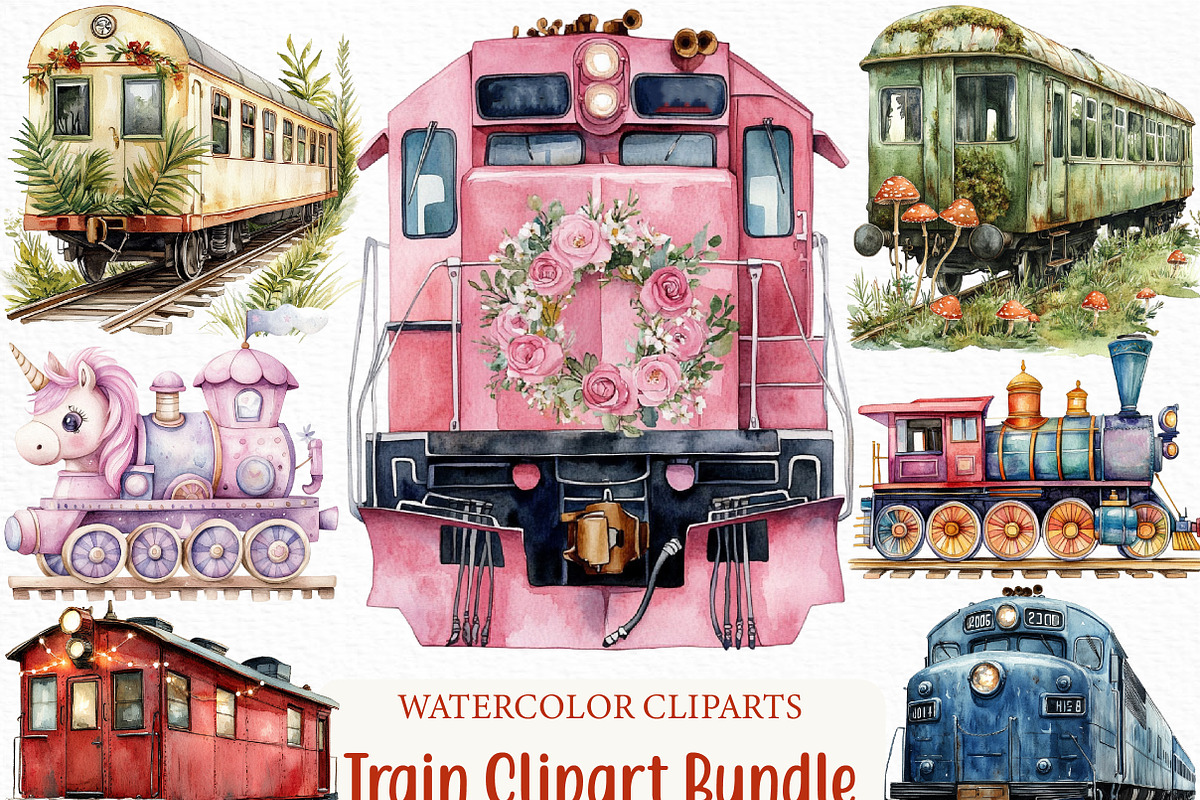Watercolor Train Clipart Bundle, an Illustration by Craft Nest (Photo 1 of 6)