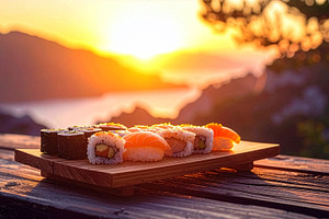 A vibrant sushi board, artfully arranged with fresh flavors., a Food & Drink Photo by DutchDigitalDesign