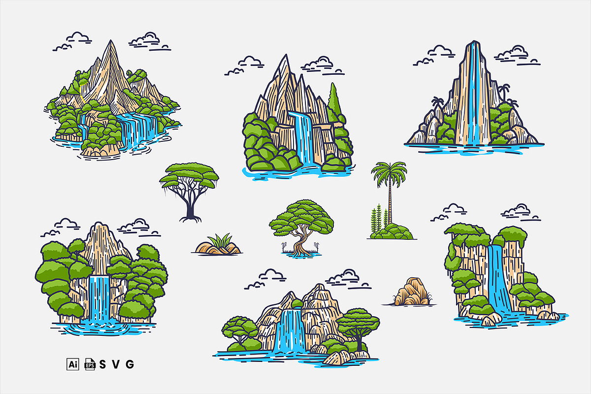 Illustration Mountains and Waterfall, an Object Illustration by Stock Shape