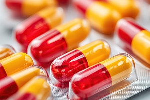 Macro view of colorful two-tone capsules on a silver blister pack, a Photo by AlyaAnd