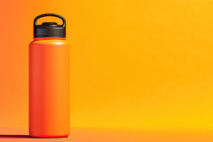 Bright Orange Reusable Water Bottle on Vibrant Yellow Background, a Beauty & Fashion Photo by José Manuel Gelpi