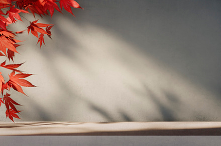Autumn background scene with red maple leaves on table with sunl