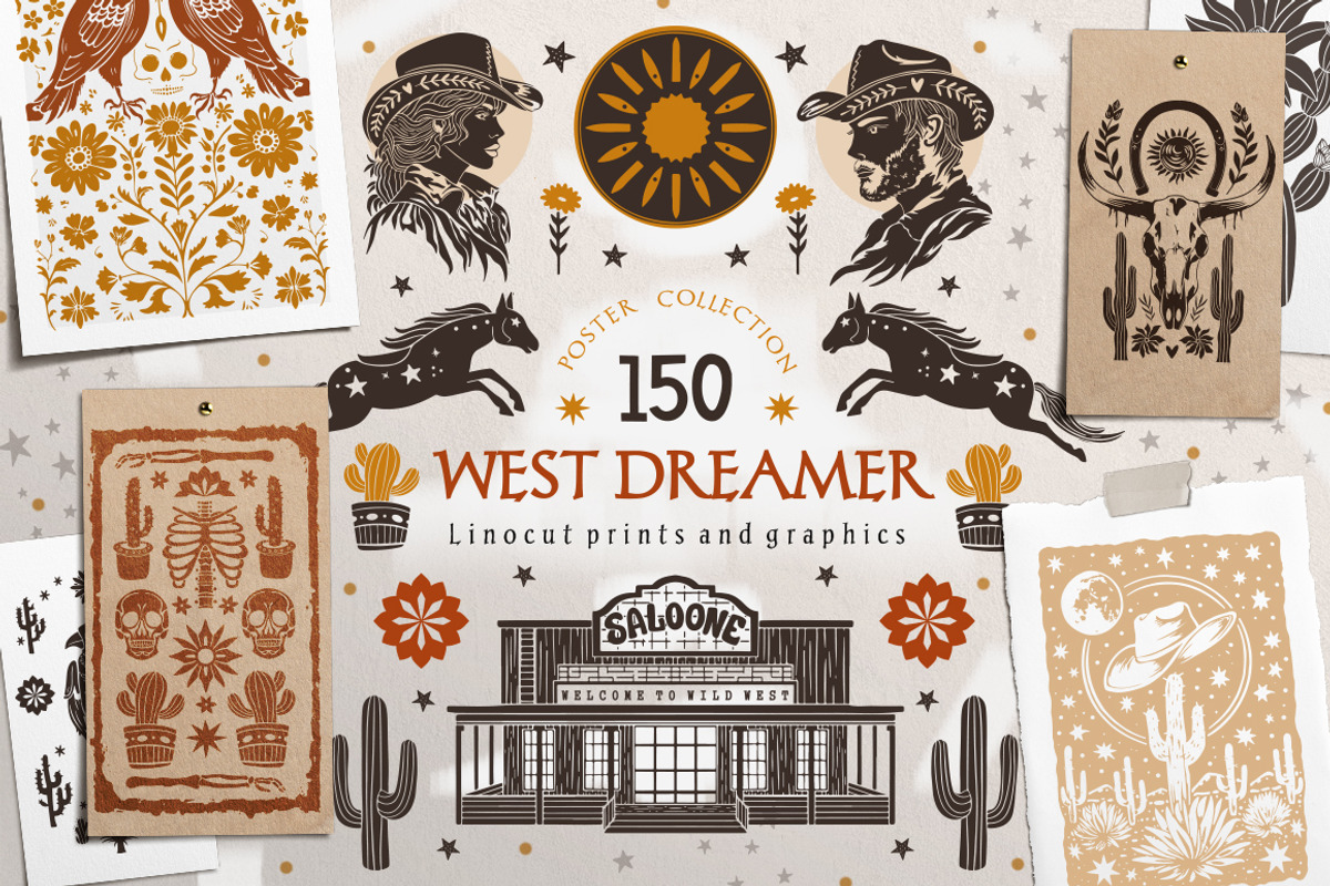 West Dreamer vector linocut graphics, an Object Graphic by DariSmartArt (Photo 1 of 15)