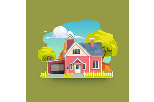 cartoon red classic house at sunny, an Object Illustration by IfH