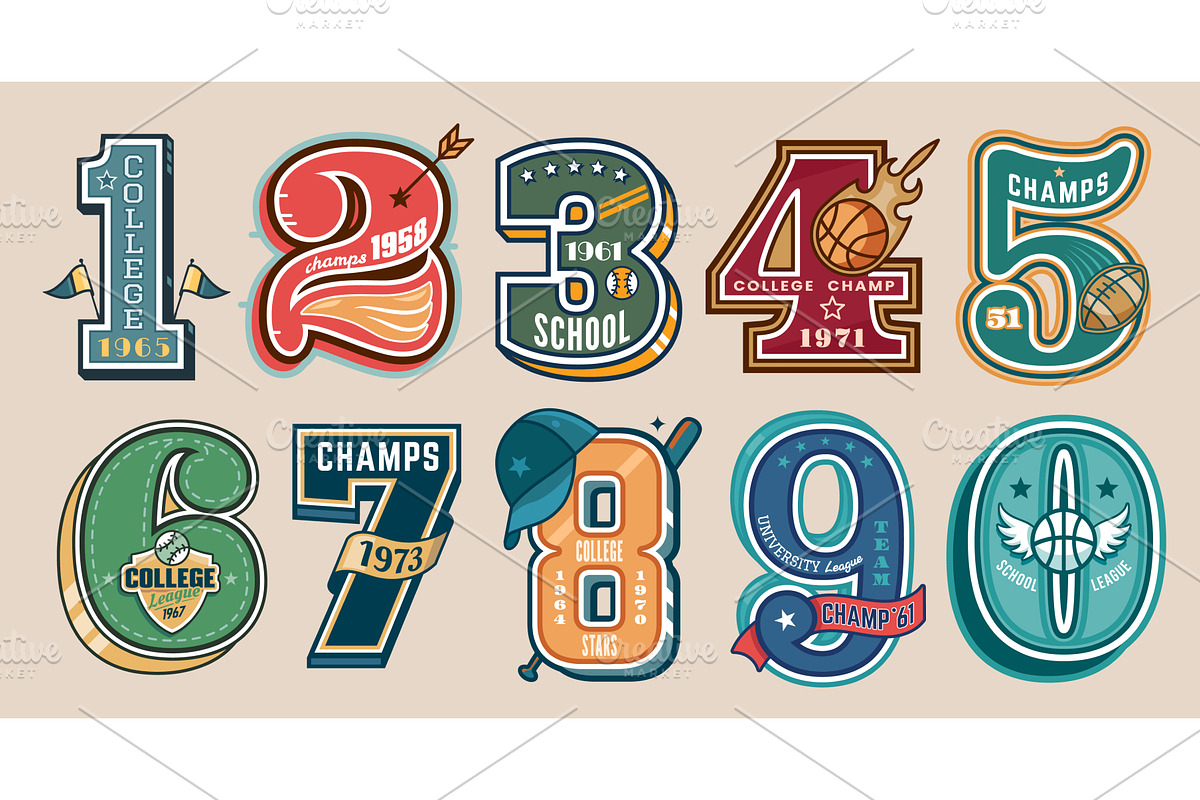 Varsity numbers sport patches, a Sport Illustration by Vector Tradition