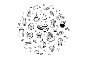 Doodle Coffee Shop Icons. Vector Outline Coffee And Tea Drawings For Cafe Menu