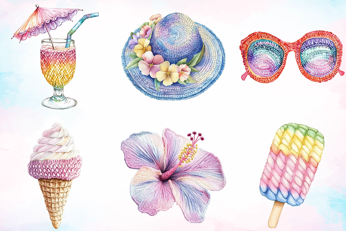 Watercolor Crochet Summer Clipart, an Illustration by Canvas Craft (Photo 3 of 3)