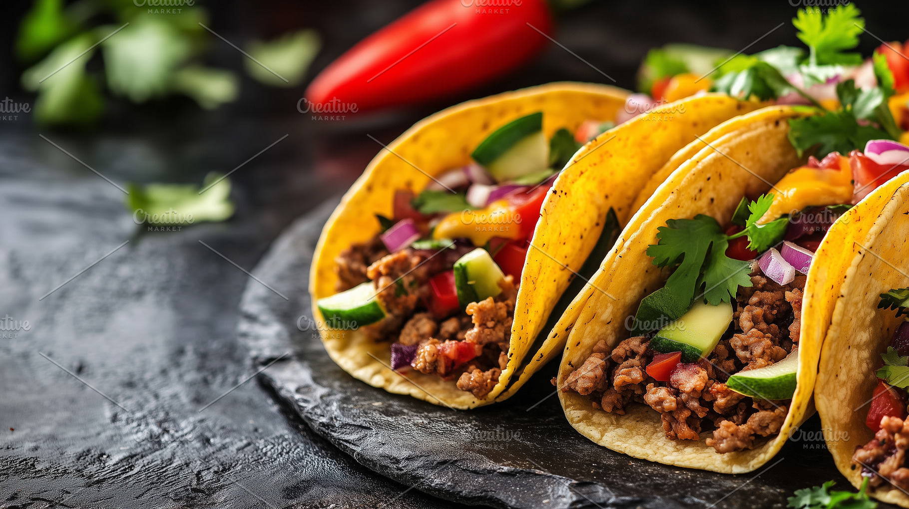 Three crispy tacos filled with beef, a Food & Drink Photo by MistyDay