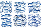 Blue Toile Sardines PNG, an Illustration by SinaCreation (Thumbnail 2 of 5)