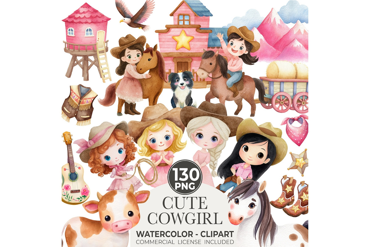 Watercolor Cowgirl Clipart Bundle, an Illustration by CharmClipart (Photo 1 of 9)