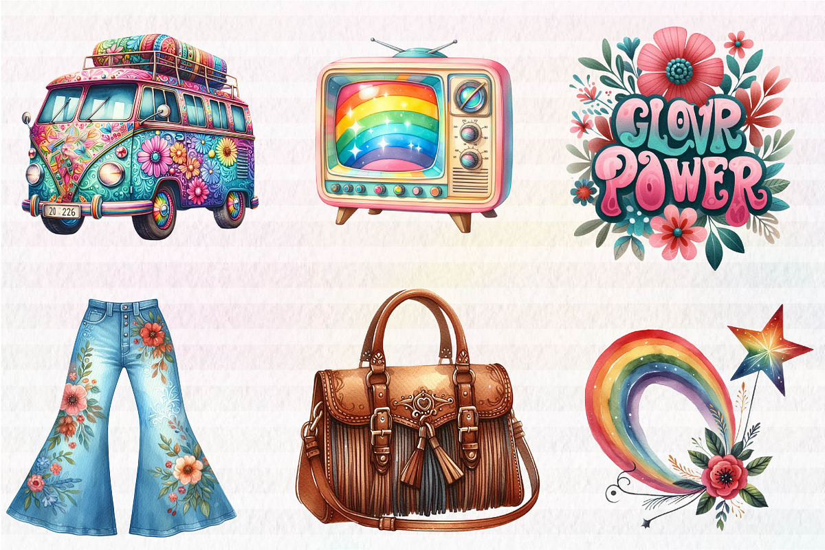 Kawaii 60s Groovy Clipart Bundle, an Illustration by CreationArt (Photo 5 of 5)