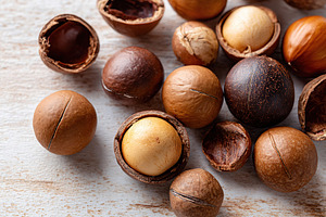 Various types of nuts displayed on a light wooden surface in natural lighting, a Food & Drink Photo by AlyaAnd