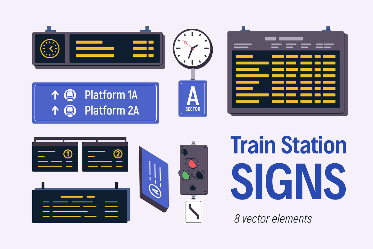 Railway station signs, boards set, a Transportation Illustration by Good Studio (Photo 1 of 3)