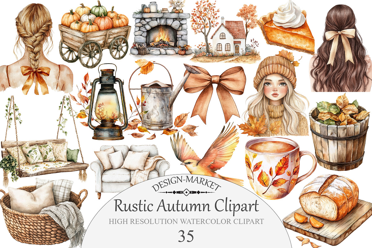 Watercolor Rustic Autumn Clipart, an Illustration by Design Market (Photo 1 of 4)