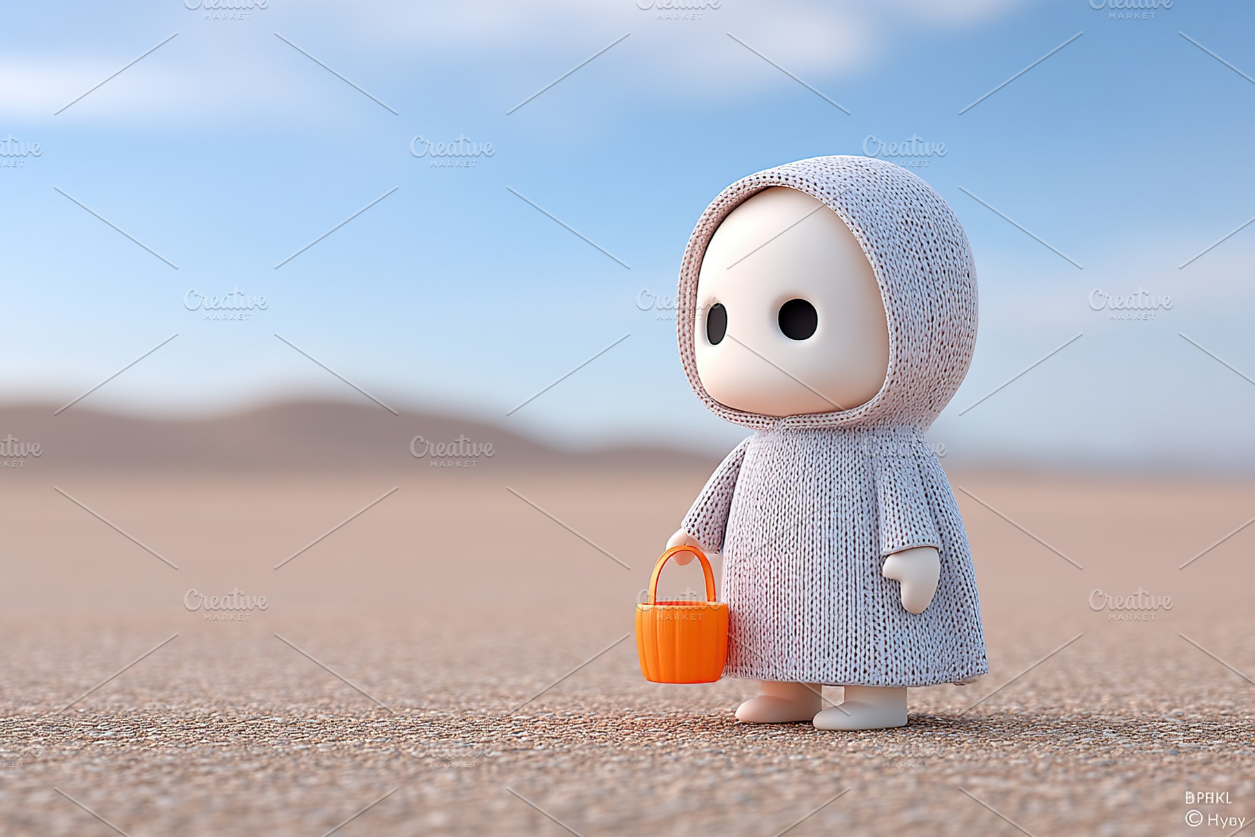 Small figure in a cozy sweater holding a bucket in a vast desert landscape unde, a Holiday Photo by AlyaAnd
