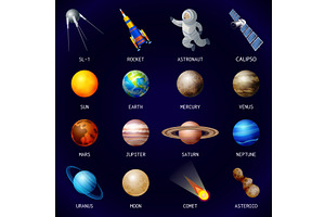 Planets Icon Set, Cartoon Style