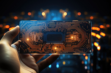 Businessman hand holding smartphone with circuit board on dark b, a Business Photo by AS photostudio
