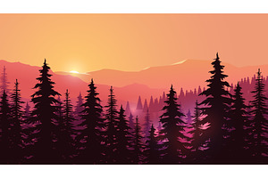 a sunset over forest mountain, an Illustration by IfH