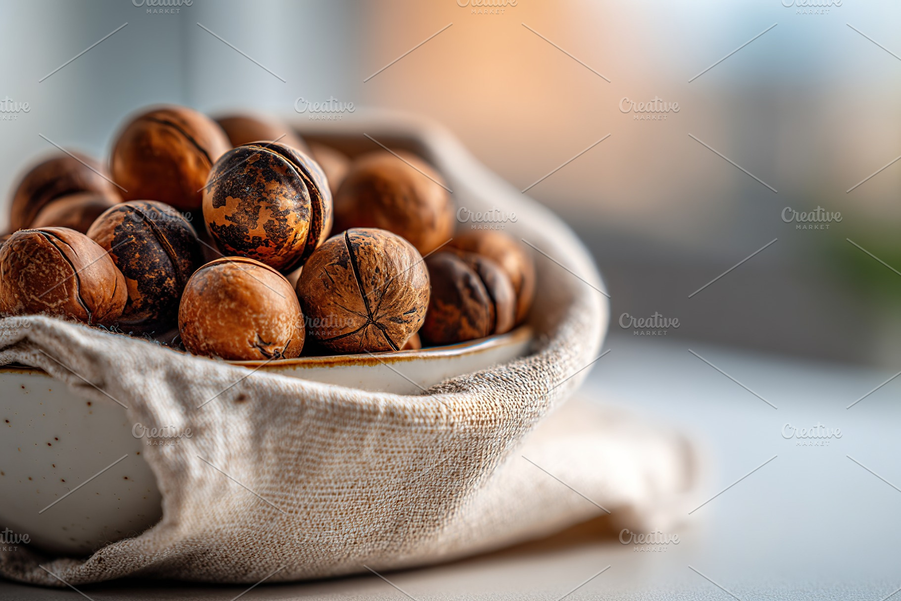 Decorative bowl filled with natural seed pods on a light surface in a cozy indo, a Food & Drink Photo by AlyaAnd