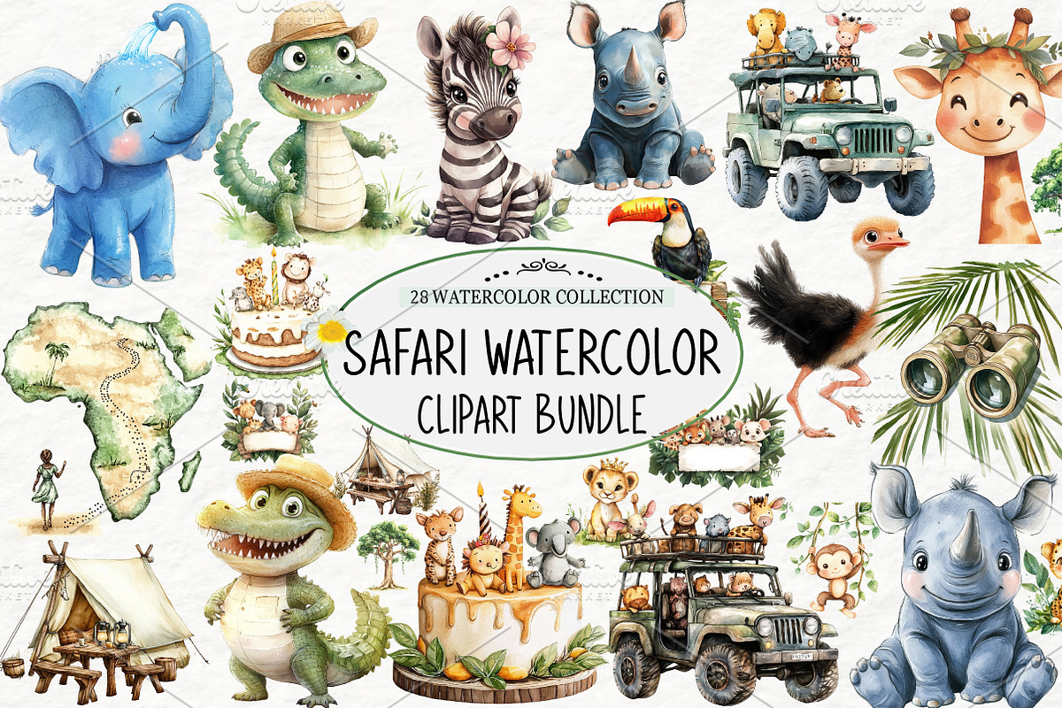Safari Watercolor Clipart Bundle, an Illustration by Watercolor design (Photo 1 of 3)