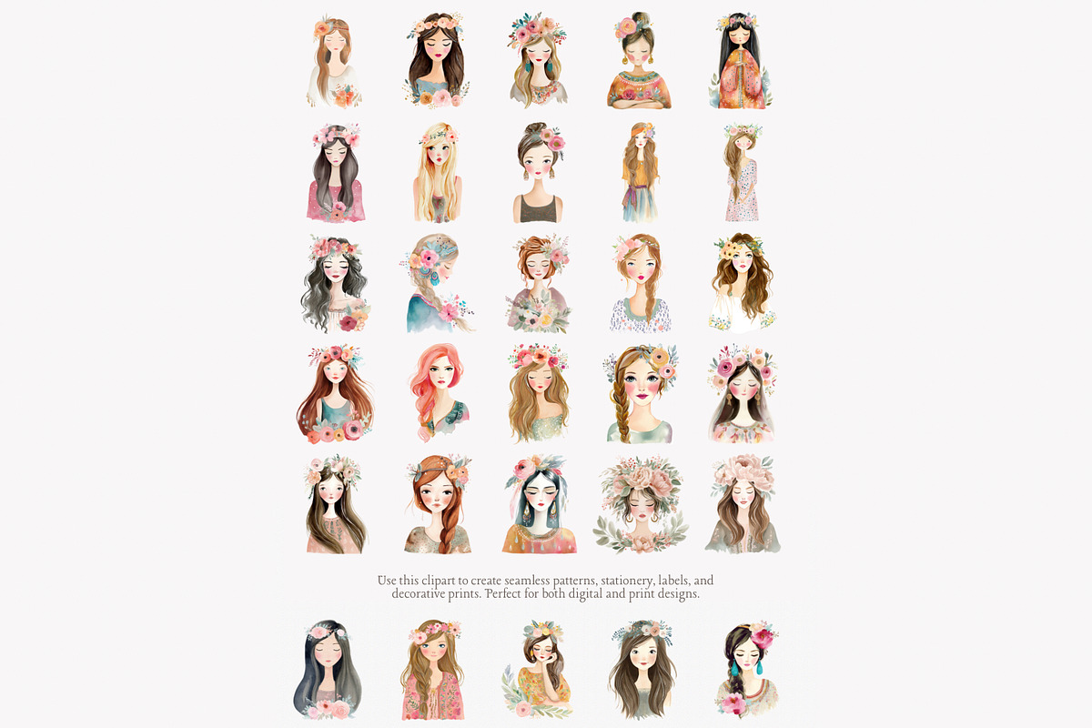 Watercolor boho women clipart set, a Decorative Illustration by Patishop Art (Photo 11 of 11)