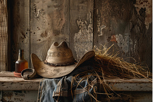 Rustic cowboy attire and whiskey, a Background Photo by Ylivdesign