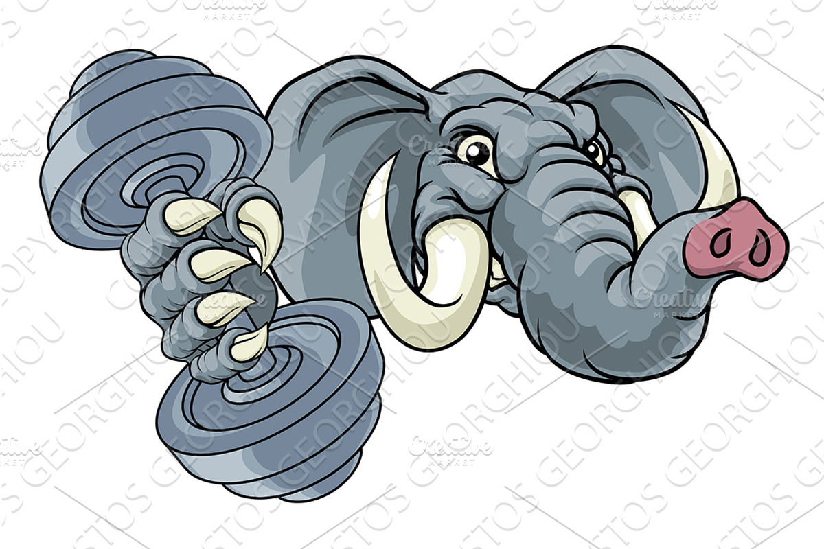 Elephant Weight Lifting Dumbbell Gym, an Animal Illustration by Christos Georghiou