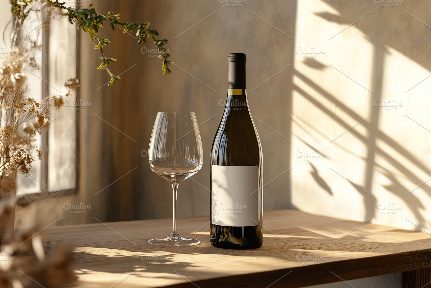 Elegant wine bottle and glass on a wooden table in a sunlit setting, a Food & Drink Photo by AlyaAnd