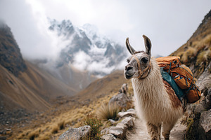 Llama with backpack trekking through the Andes mountains in misty weather, an Animal Photo by AlyaAnd
