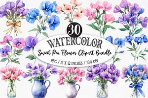 Sweet Pea Flower Clipart Bundle, an Illustration by Designking