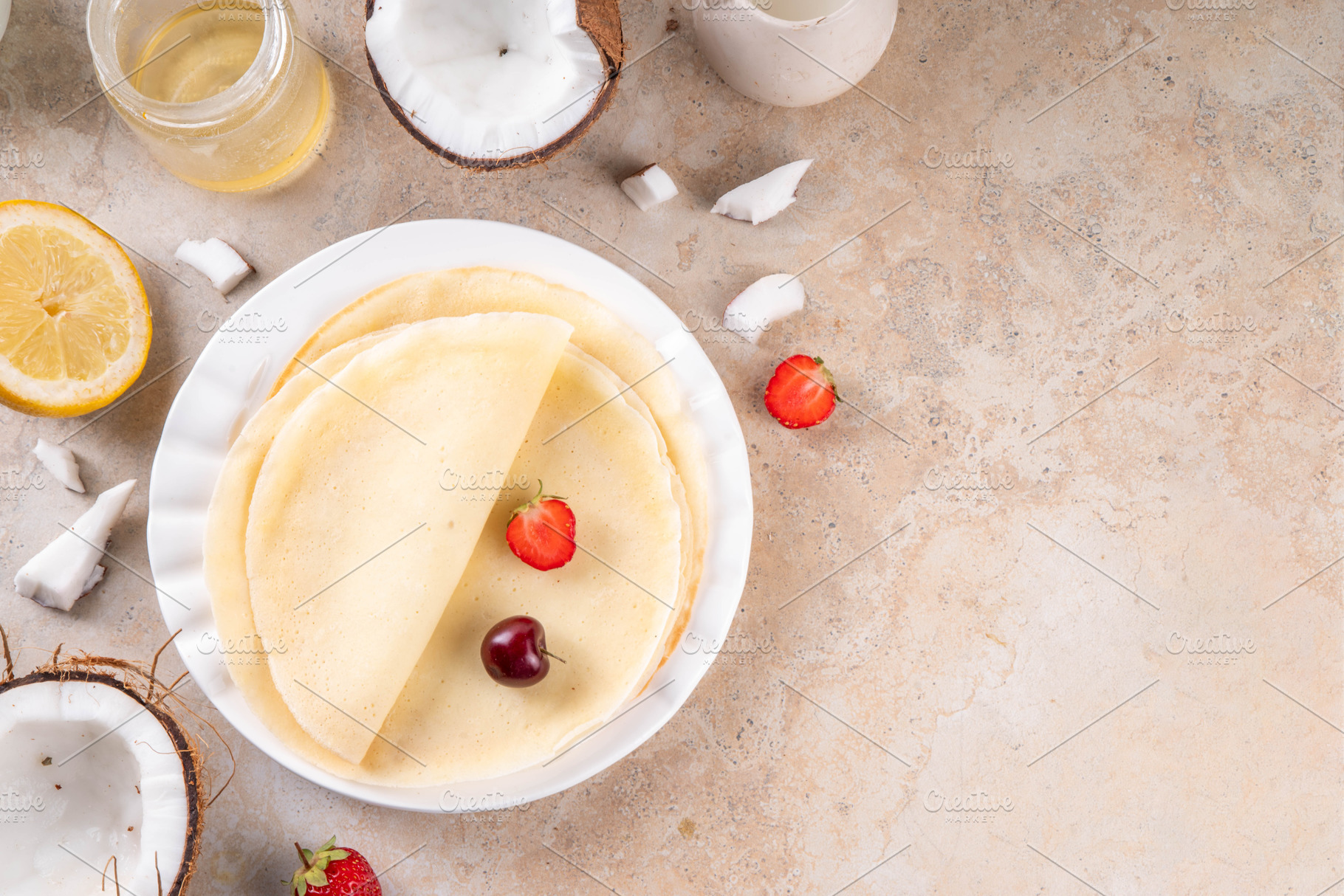 Viral trendy vegan thin crepes pancakes without egg, butter or m, a Food & Drink Photo by Rimma