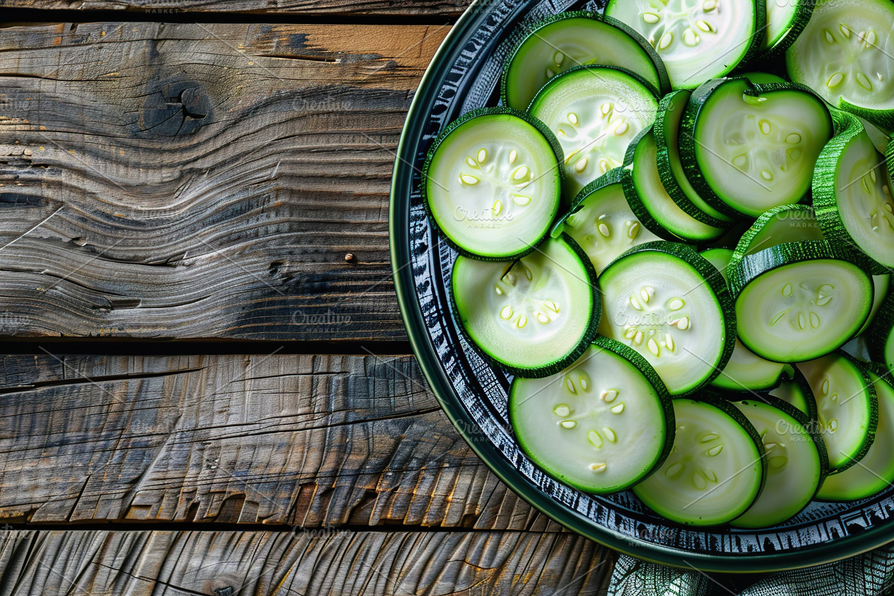 Green sliced zucchini in plate on wooden table, a Food & Drink Photo by AlyaAnd