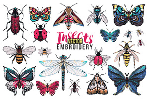 Embroidery Insects on White. Vector