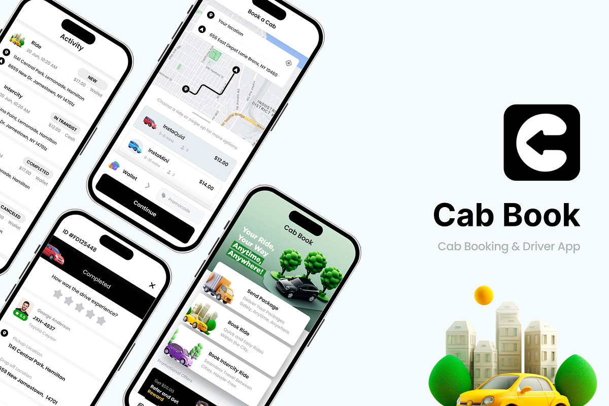 Cab Booking App | Cab Book, an UI Kit Template by Opus LabWorks