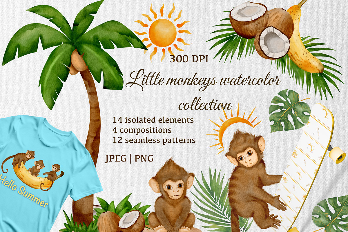 Little Monkeys Watercolor animal set, an Animal Illustration by ZabolotnaArt (Photo 1 of 9)