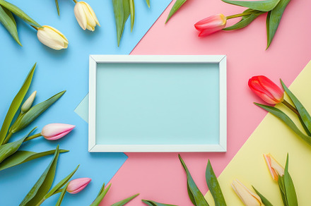 Spring's Elegance: Tulips & Frame on Pastel Blue - A Generative AI Creation, a Photo by José Manuel Gelpi