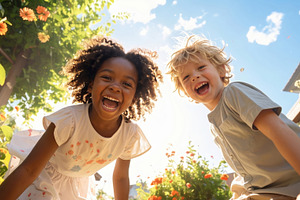Happy Children Playing Outdoors in Sunshine, a Person Photo by Davizro's Market