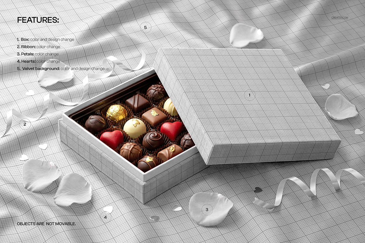 Praline Box on Velvet Fabric Mockup, a Packaging Mockup by creatsy5 (Photo 3 of 5)
