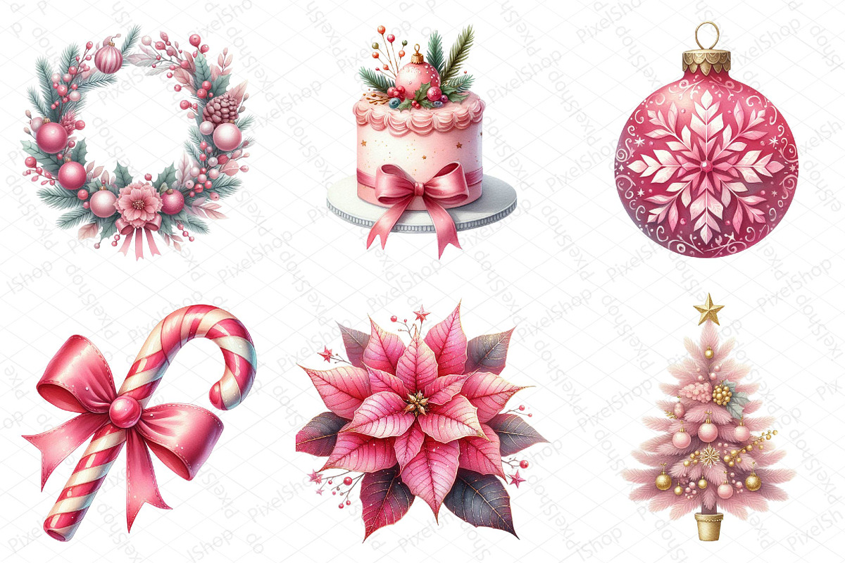 Watercolor Pink Christmas Clipart, an Illustration by DreamPrint404 (Photo 2 of 6)