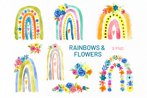 Bright Watercolor Rainbows & Flowers