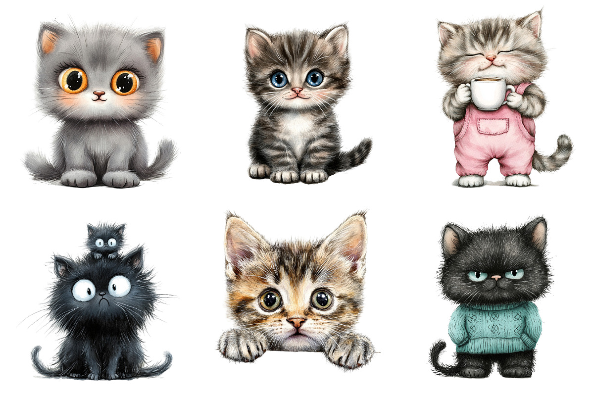 Watercolor Whimsical Cat Clipart, a Seasonal Illustration by CitraGraphics (Photo 2 of 5)