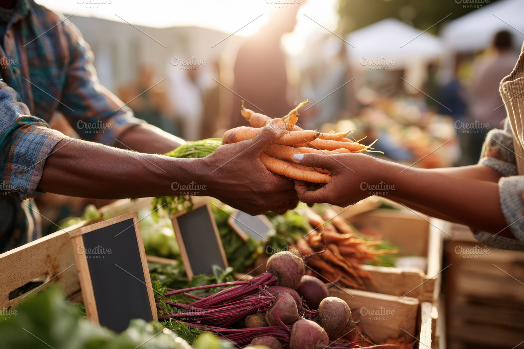Exchanging fresh carrots at a farmers market, a Food & Drink Photo by AlyaAnd
