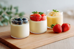 Creamy desserts in glass cups topped, a Food & Drink Photo by MistyDay