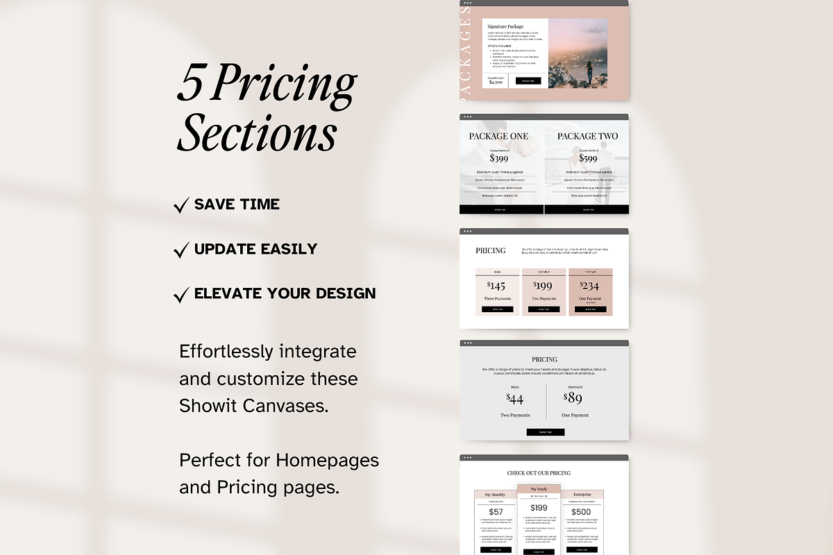 5 Showit Pricing Add-On Canvases, a Websites & App Template by Amanda Pena Design (Photo 2 of 8)
