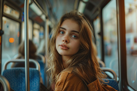 Young woman sitting on bus seat, a Person Photo by AlyaAnd
