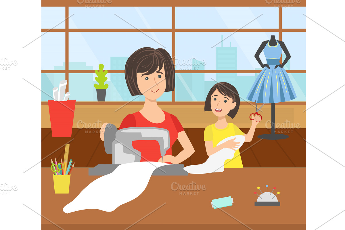 Mother and Her Daughter Sewing, a Person Illustration by TopVectors